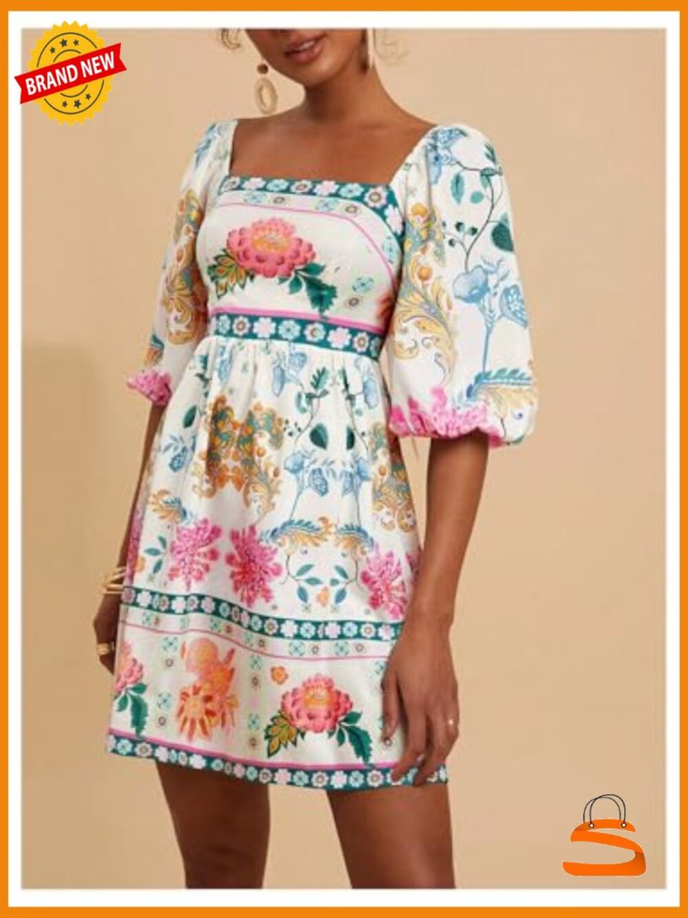 Floral Print Square Neck Puff Sleeve A-Line Swing Dress 3/4 Length - Picture 3 of 5